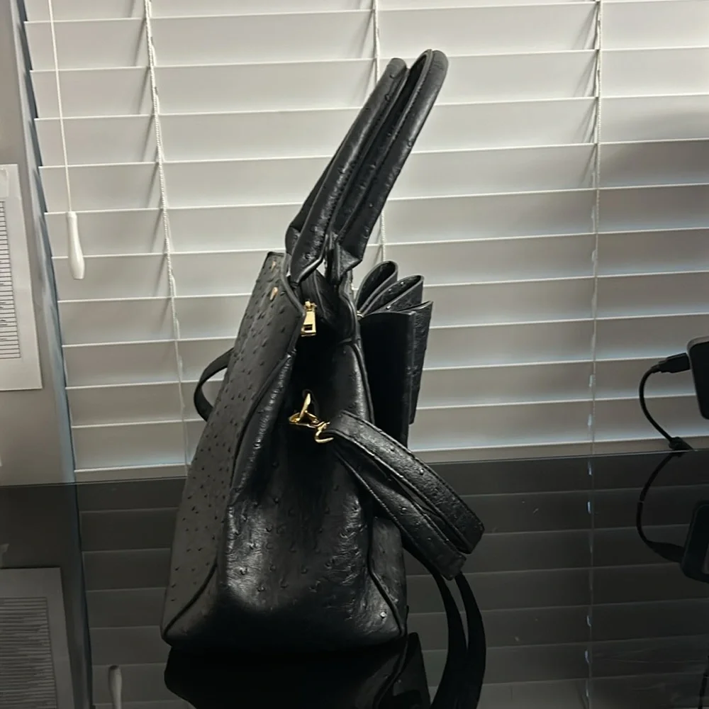 Crossi Black Faux Ostrich Double Bow Satchel Handbag – Vegan Leather